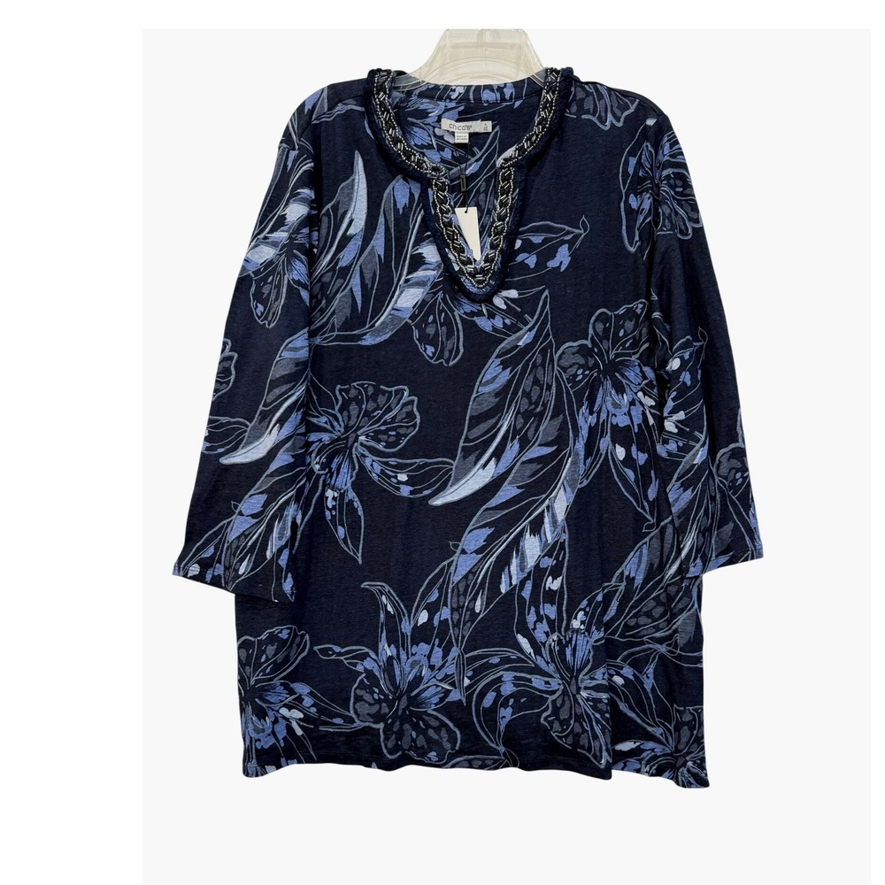NWT Chicos Floral Linen Beaded‎ Tunic Top Navy Blue 3/4 Sleeve Size 4 XXL